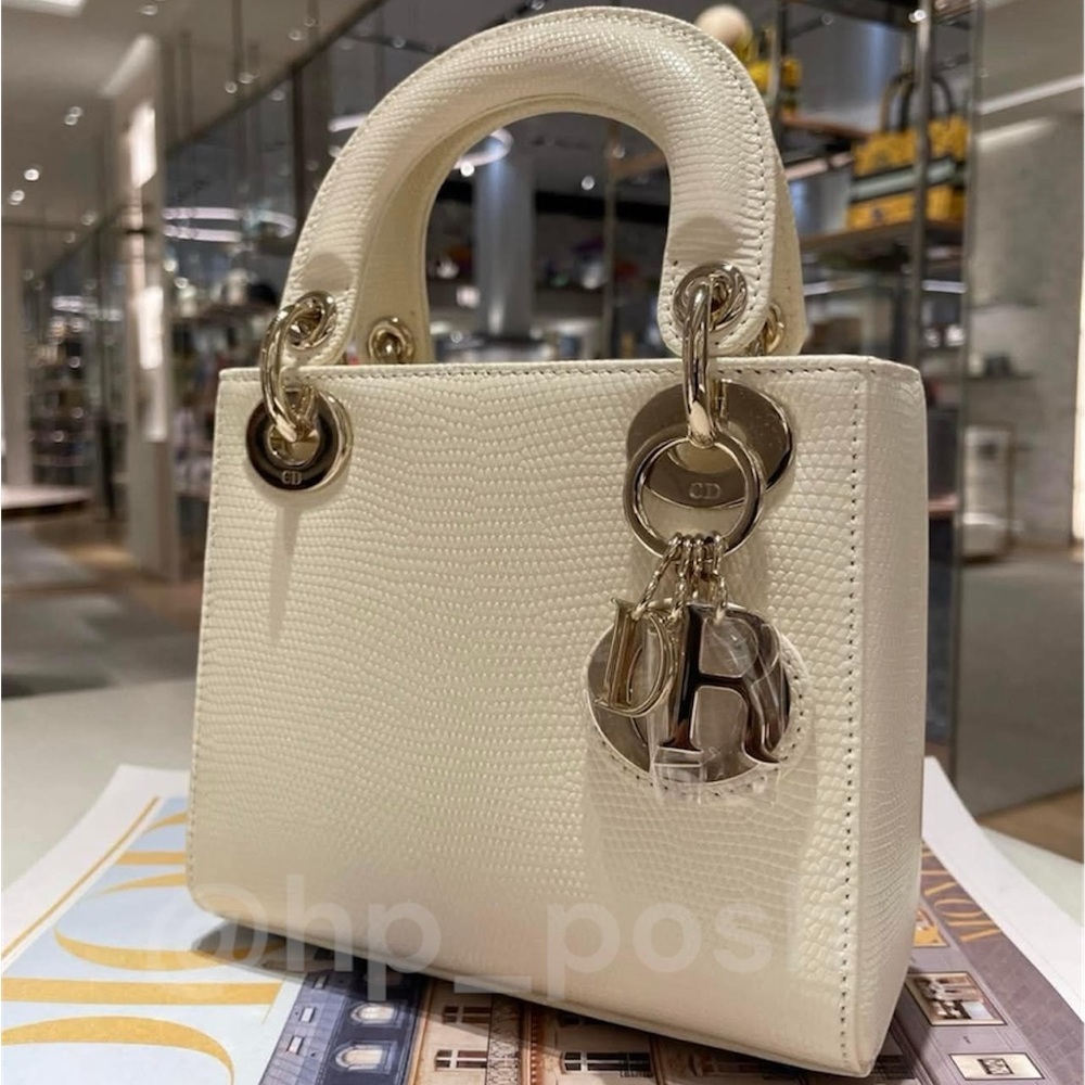 DIOR BNIB MINI LADY DIOR IN EXOTIC LEATHER, LIZARD - LATTE WITH CHAMPAGNE GOLD